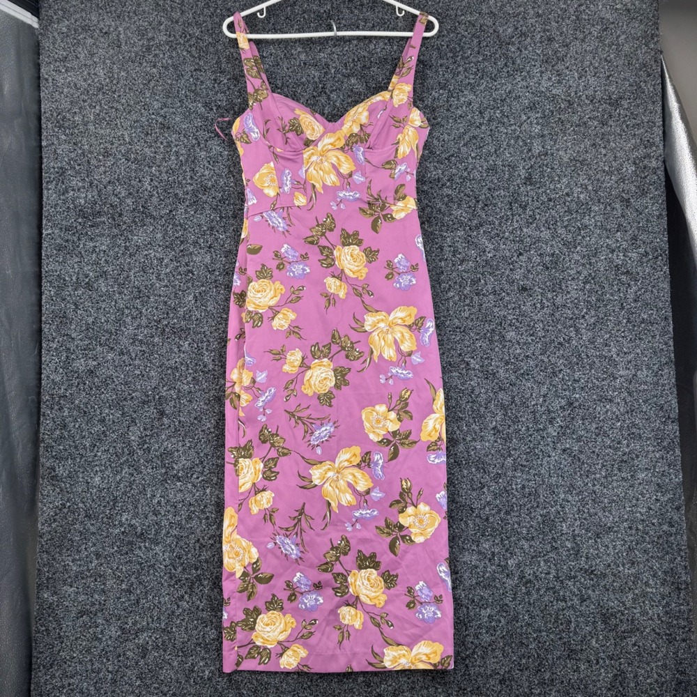 Zara Floral Midi Dress Pink Yellow Bustier Sweetheart Neck Sheath Womens Medium